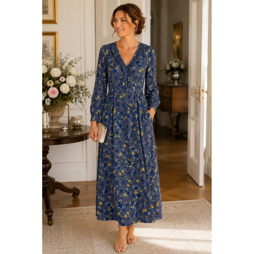 Toast Dress Women Size 12 Blue Yellow Floral Print Ruffle Neck Maxi Long Sleeve